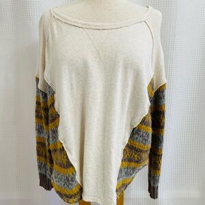 Free People Cream Knit Sweatshirt Scoop Neck Wool Sleeves L Distressed